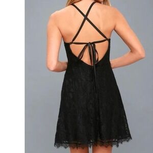 Lulu’s La Belle Vie Black Lace Backless Skater Dress